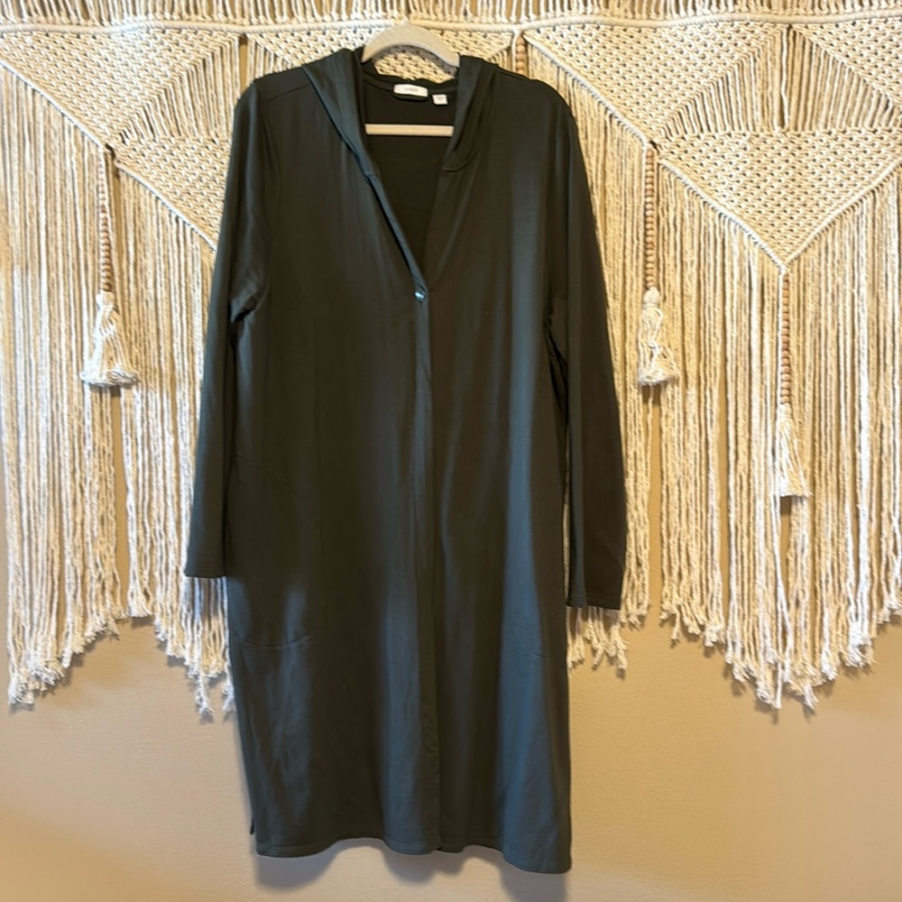 J JILL SIZE XL PURE JILL PIMA COTTON BLEND LONG LIGHT COAT JACKET HOOD GREEN